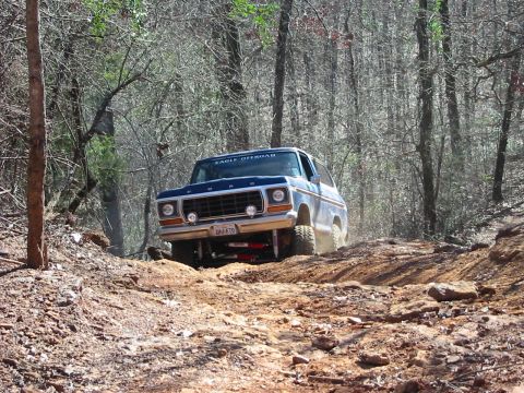 1978 Ford Bronco - Ford Bronco navigating a challenging off-road trail with trees on either side.