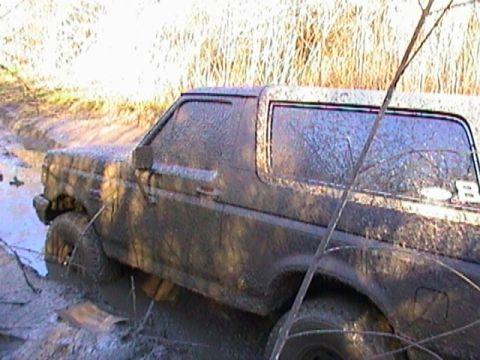 1989 Ford Bronco - This SUV is stuck deep in the mud, with its tires submerged and the body covered in dirt.