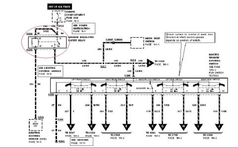 1996 Ford Crown Victoria - This diagram details the electrical connections for power windows and related switches.