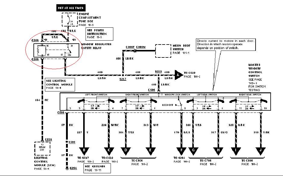 Power window wiring diagram with master switch and per-door motor circuits