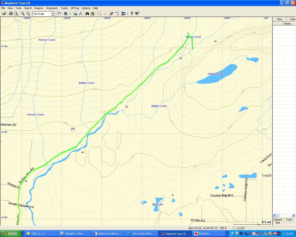 Screenshot of MapSend Topo US showing a GPS track on an Alaska topographic map.