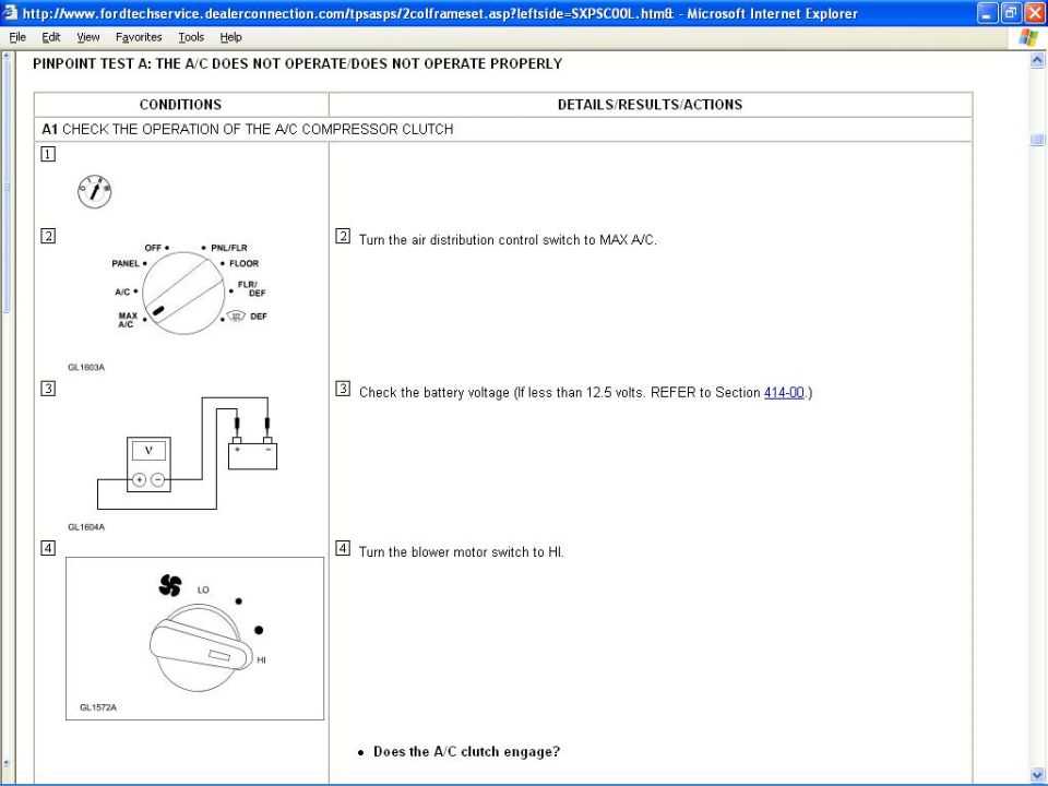 Ford diagnostic document page with diagrams of A/C controls and battery voltage test