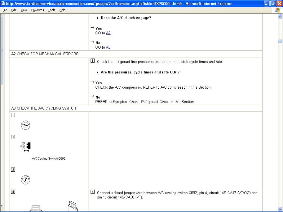 Diagnostic document for A/C system, showing steps for checking mechanical errors and the A/C cycling switch