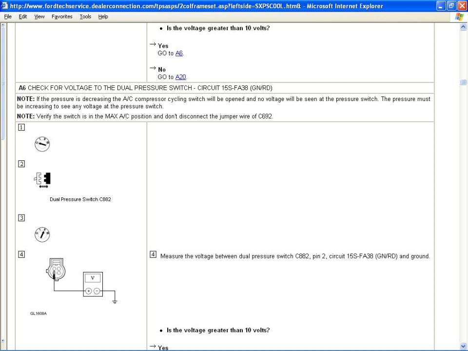 Screenshot of a Ford diagnostic page showing steps to check voltage for the dual pressure switch