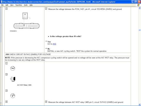 1999 Ford Contour - Screenshot of a Ford diagnostic document detailing A/C system troubleshooting procedures.