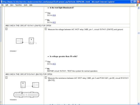 1999 Ford Contour - Screenshot of a Ford diagnostic document detailing A/C circuit checks.