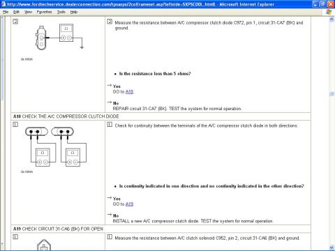 1999 Ford Contour - Automotive repair guide detailing diagnostic steps for A/C compressor clutch diode and circuit.