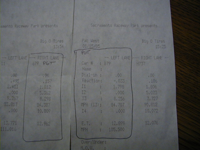 Two Sacramento Raceway Park time slips with circled results showing 12.899 and 12.962 quarter-mile ETs