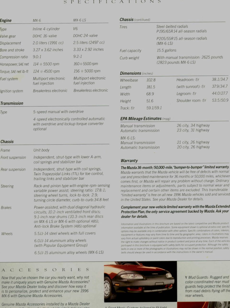 Mazda MX-6 vs MX-6 LS specifications table: 2.0L 4-cyl and 2.5L V6 data