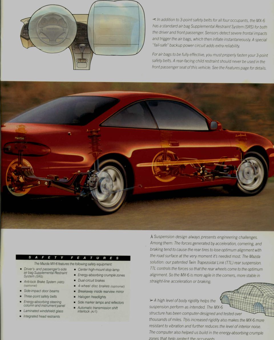 Mazda MX-6 sales brochure page with cutaway suspension art and a safety features list