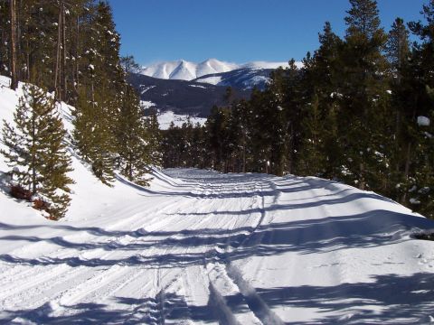 1994 Ford Bronco - A snow-covered road winds through a forest with mountains in the distance.