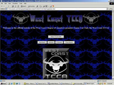 2002 Ford Taurus - The West Coast TCCA website features a bull logo and navigation links for members, articles, pictures, and classifieds.