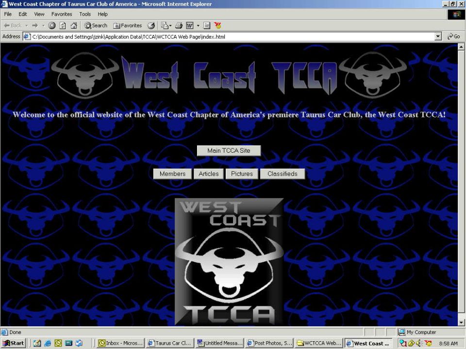 Screenshot of the West Coast TCCA website, a Taurus car club