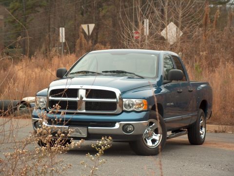 2004 Dodge 1500 - A blue 2004 Dodge 1500 pickup truck is parked outdoors with dry brush in the foreground.