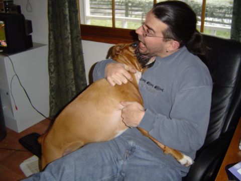 1989 Ford Bronco - A man and his dog are having a playful moment indoors.