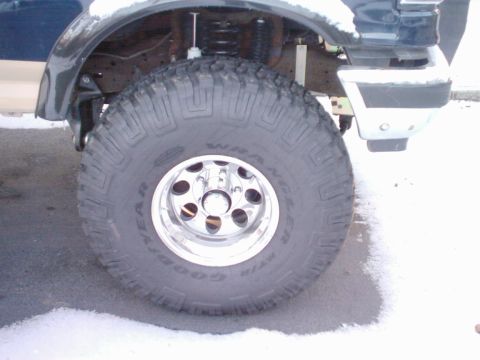 1989 Ford Bronco - The front tire and fender area of a vehicle are visible, with snow on the ground and some on the vehicle's body.