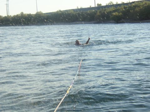 1990 Ford Bronco - person floats in lake water at the end of a tow rope, with power lines and a low green shoreline in the distance.