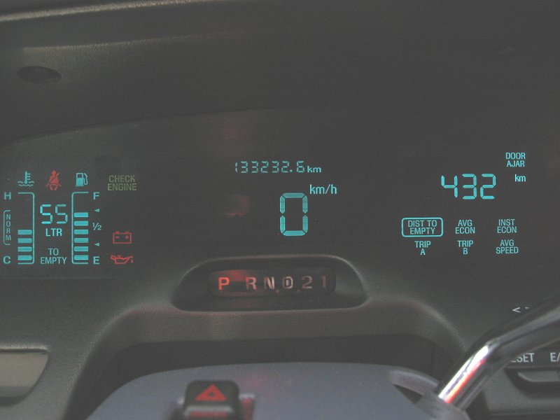 Car dashboard with digital speedometer showing 0 km/h, fuel gauge, odometer reading 133232.6 km, and gear selector P R N D 2 1