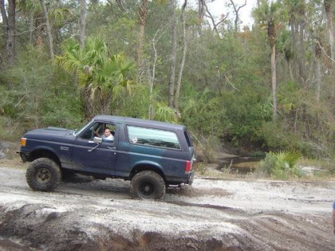 1989 Ford Bronco - This 1989 Ford Bronco navigates a sandy trail surrounded by lush vegetation.