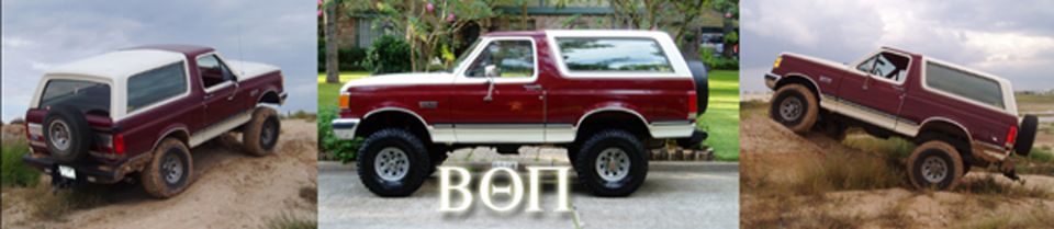 Three-panel banner of a burgundy and white lifted Ford Bronco: rear, side and flexed views