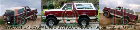 1990 Ford Bronco - This 1990 Ford Bronco is shown in a three-quarter front view, equipped with off-road tires and a lifted suspension.