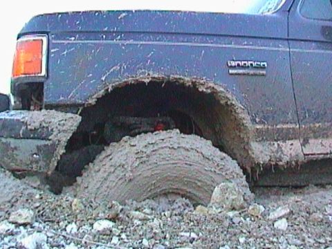 1989 Ford Bronco - This 1989 Ford Bronco is deeply stuck in mud, with only the side view partially visible.