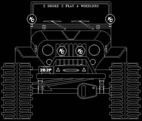 1985 Ford Bronco - Line drawing of a Jeep CJ-series with "2 BROKE 2 PLAY 4 WHEELERS" text on the windshield frame.