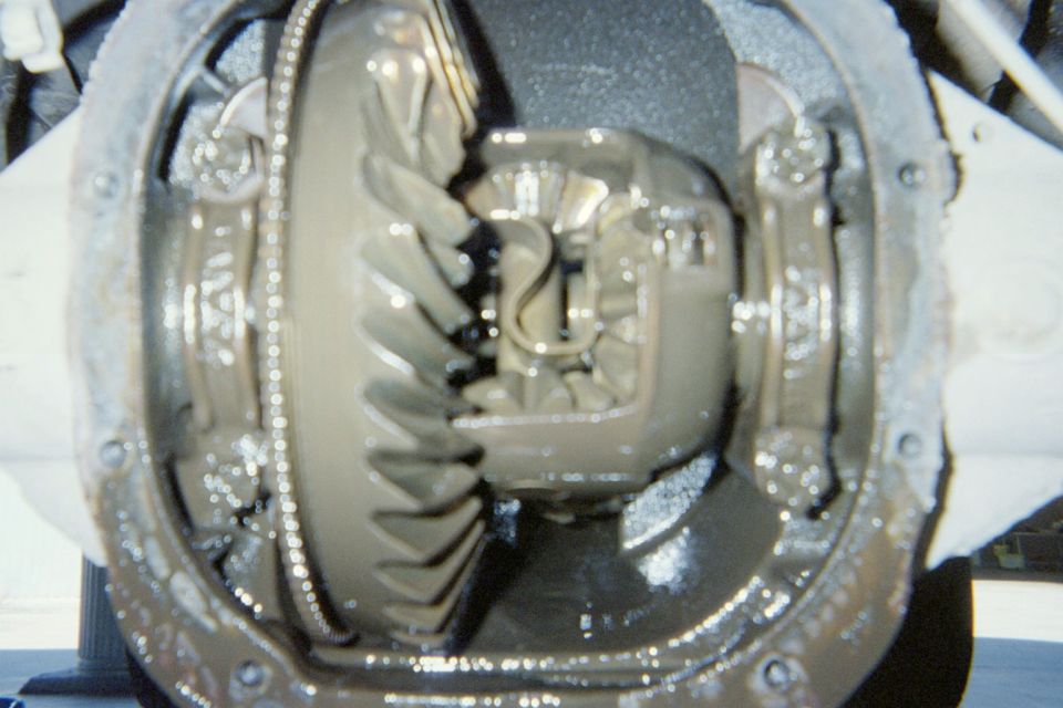 Open differential with cover removed showing oily ring gear and carrier from under the vehicle