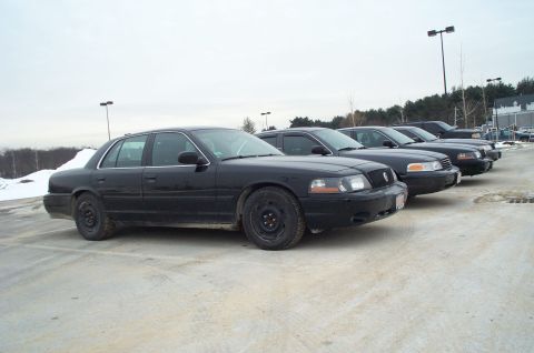 2001 Ford Crown Victoria - Several black Ford Crown Victoria sedans are lined up in a parking lot under an overcast sky.