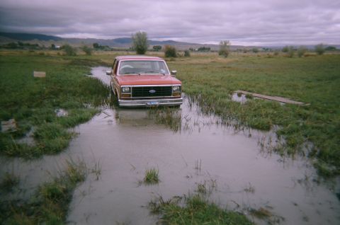 1983 Ford Bronco - A red Ford Bronco is stuck in a flooded grassy area with a cloudy sky overhead.