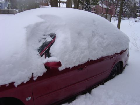 1998 Ford Taurus - A red sedan is buried under a thick layer of snow, with only a portion of its side visible.