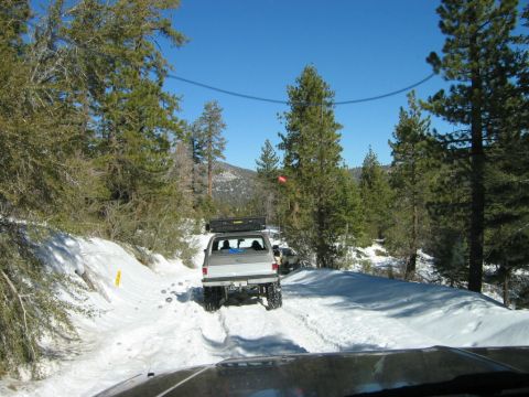 1985 Ford Bronco - A convoy of SUVs navigates a snow-covered road through a forest.