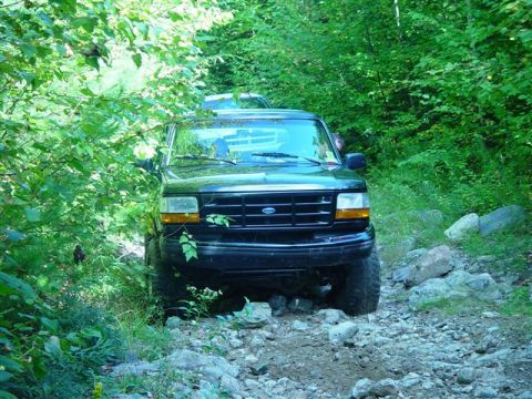 1996 Ford Bronco - A black 1996 Ford Bronco navigates a rocky path surrounded by dense green foliage.