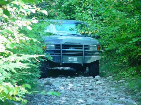 1996 Ford Bronco - A dark green Ford Bronco navigates a rocky path surrounded by dense foliage.