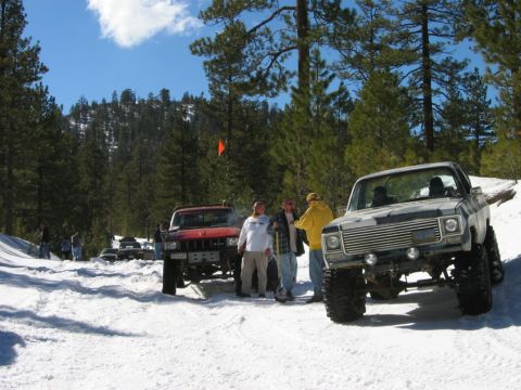 1985 Ford Bronco - Several off-road vehicles and people are gathered in a snowy, wooded area on a sunny day.