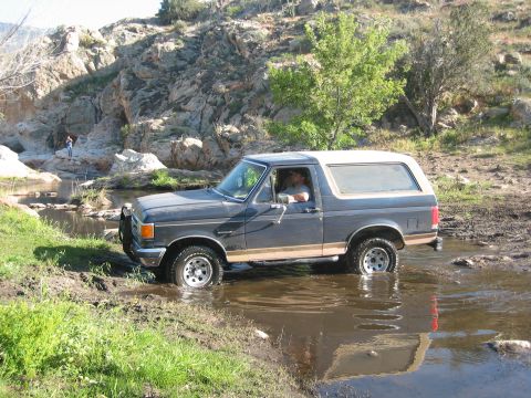 1989 Ford Bronco - This SUV, likely a 1987 model, navigates a shallow, muddy waterway in a rocky, arid landscape.