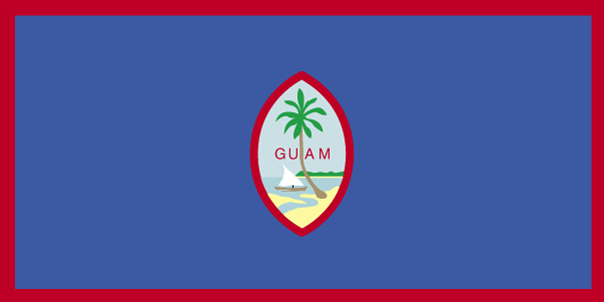 Flag of Guam with central seal showing palm tree, boat, and beach