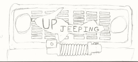 1995 Ford Bronco - Sketch of a vehicle grille with a fish decal. The text on the decal reads 'UP JEEEPING'.