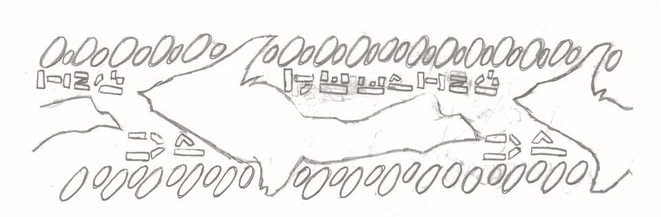Faint hand-drawn sketch with rows of small oval and block shapes