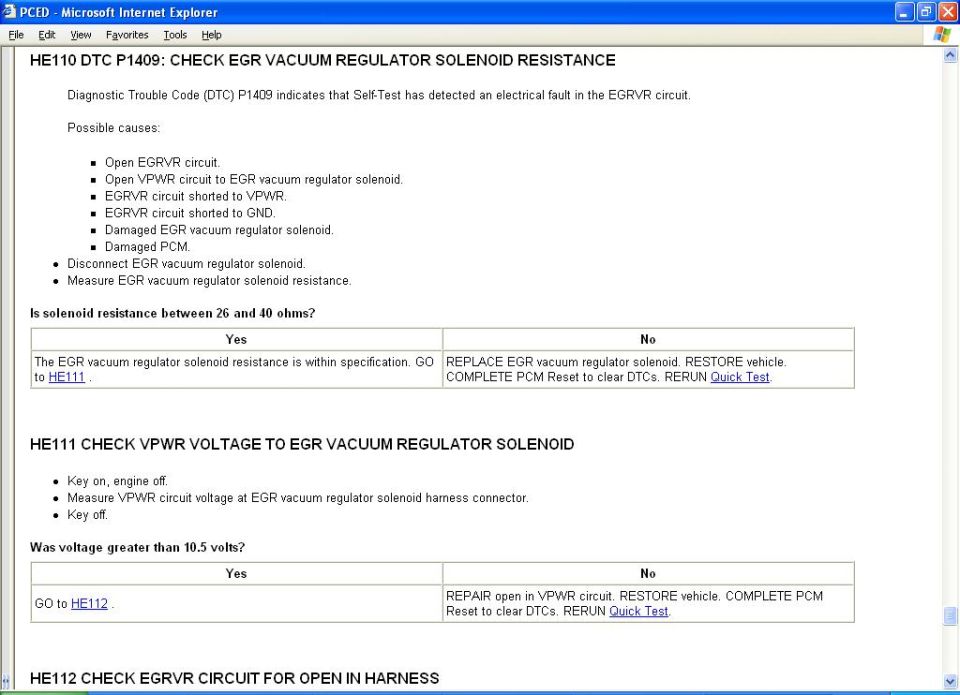 Ford PCED DTC P1409 pinpoint test HE110: EGR vacuum regulator solenoid resistance