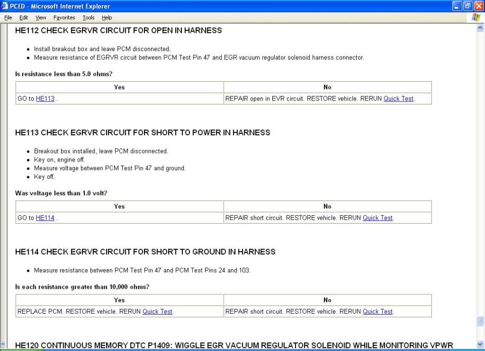 Ford PCED DTC P1409 pinpoint test HE112-HE114: EGRVR harness open/short checks