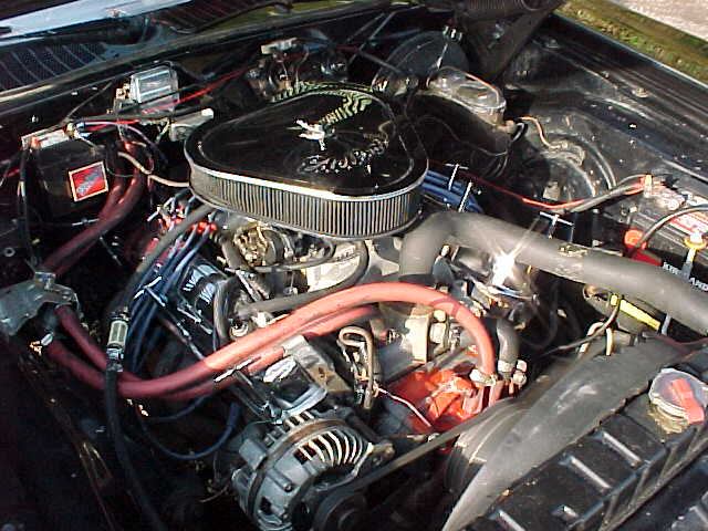 V8 engine bay with chrome air cleaner, red plug wires and alternator