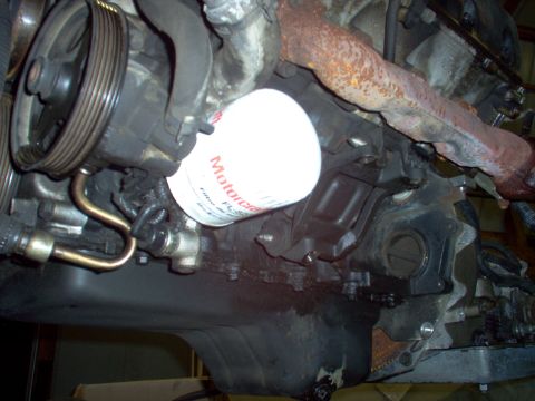 1994 Ford Crown Victoria - Close-up of engine components, including an oil filter and exhaust manifold, with visible grease and rust.