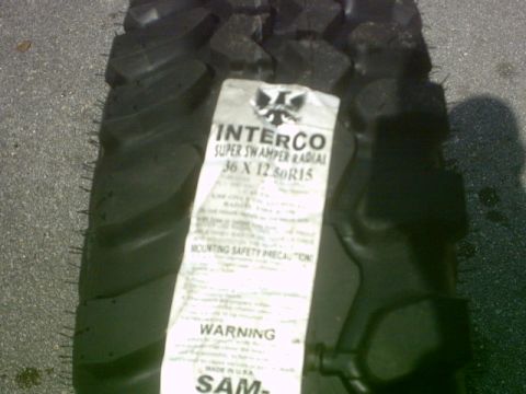 1992 Ford Bronco - Close-up of an Interco Super Swamper Radial tire, size 36 X 12.50R15.