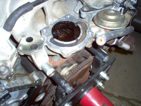 1994 Ford Crown Victoria - Close-up of an engine component, likely a thermostat housing, showing wear and residue.