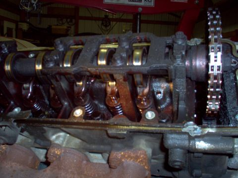 1994 Ford Crown Victoria - Close-up view of an engine's internal components, including the camshaft and timing chain.
