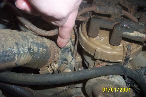 1979 Ford F-150 - Engine bay detail with a hand indicating a hose clamp. Text on hose is visible, along with a date stamp.