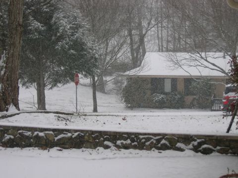 1985 Ford LTD Crown Victoria - A winter scene with snow covering the landscape and a house.