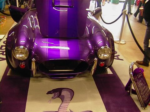 1999 Ford Taurus - A custom purple car with racing stripes is displayed with its hood open, on a mat a snake graphic.