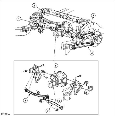 1994 Ford Crown Victoria - Watts Link rear suspension '98-10 Panther chassis 1 Stabilizer bar and isolator assembly 5A771 2 Shock absorber 18125 3 Upper arm 5501 4 Lo…